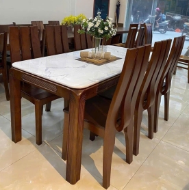Bộ Bàn Ăn 6 Ghế Mặt Đá – Gỗ Tự Nhiên 