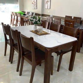 Bộ Bàn Ăn 6 Ghế Mặt Đá –  gỗ nâu đậm sang trọng